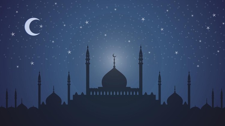 Ilustrasi malam Rajab Skyline with minarets and domes at night