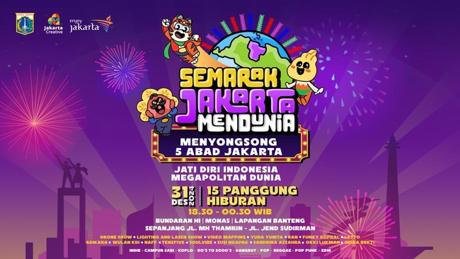 Pemprov DKI Jakarta mengundang seluruh warga Jakarta dalam kegiatan perayaan malam Tahun Baru bertema Semarak Jakarta Mendunia pada Selasa (31/12).