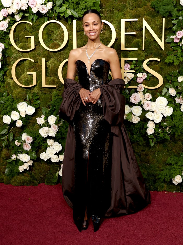 BEVERLY HILLS, CALIFORNIA - JANUARY 05: Zoe Saldana attends the 82nd Annual Golden Globe Awards at The Beverly Hilton on January 05, 2025 in Beverly Hills, California. (Photo by Kevin Mazur/Getty Images)