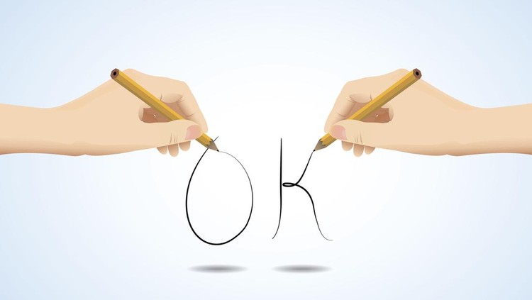 Vector Illustration : Hands write OK, signature and another writing.