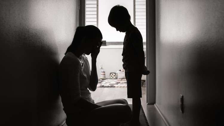 Crying unhappy mother with child at home&period;