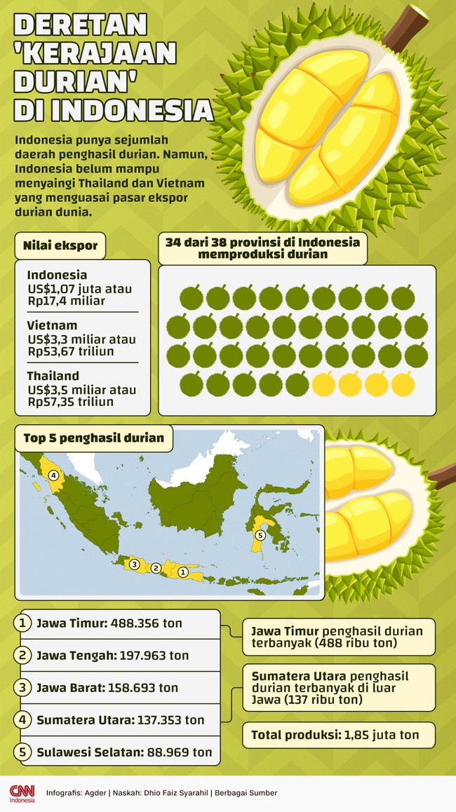 Indonesia punya sejumlah daerah penghasil durian. Namun, Indonesia belum mampu menyaingi Thailand dan Vietnam yang menguasai pasar ekspor durian dunia.