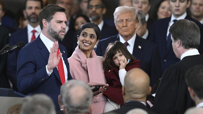 J.D. Vance takes the oath of office as Vice President during the 60th Presidential Inauguration in the Rotunda of the U.S. Capitol in Washington, Monday, Jan. 20, 2025. (Saul Loeb/Pool photo via AP)