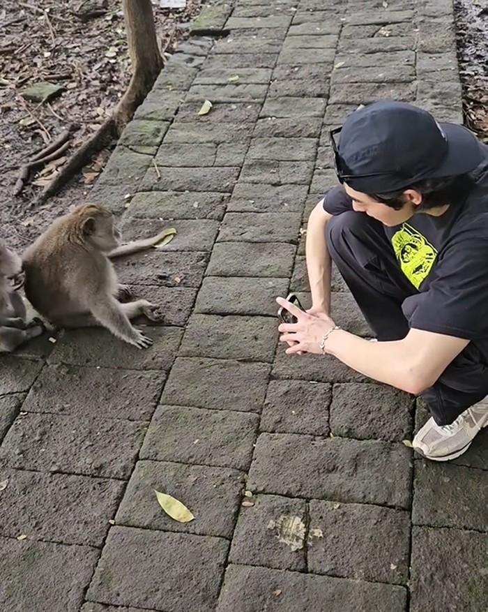 Monkey Forest Ubud rupanya menjadi salah satu destinasi wisata alam yang turut dikunjungi Sanha dan Yoo Jung Hoo. Keduanya tampak berani berhadapan langsung dan mengambil potret bersama monyet yang bersantai di sana./ Foto: instagram.com/u_junghoo