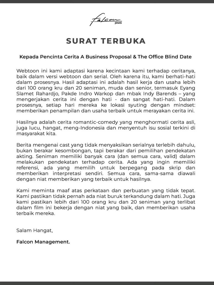 Surat terbuka dari pihak Falcon Pictures