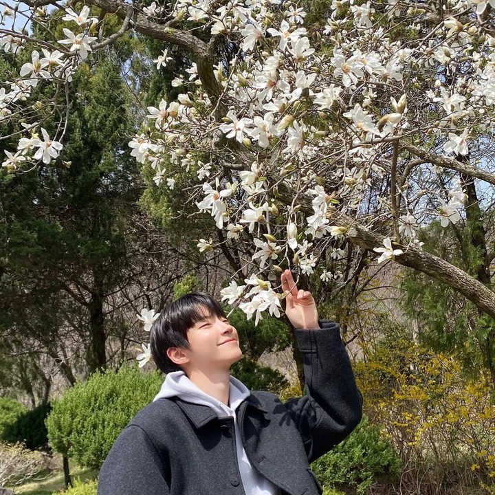 <p>Cahaya matahari yang cerah dan bunga-bunga yang bermekaran, menggambarkan pesona Hwang In Youp ya, Bunda. Gaya outfit yang simpel tapi <em>cool</em> ini sangat menggambarkan <em>boyfriend material aura</em>. (Foto: Instagram: @hi_high_hiy)</p>