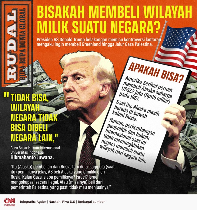 Presiden Amerika Serikat Donald Trump belakangan memicu kontroversi lantaran mengaku ingin membeli Greenland hingga Jalur Gaza Palestina. Apakah bisa?