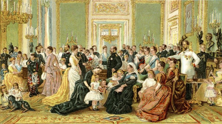 Queen Victoria receives her guests. Vintage engraving circa late 19th century. Digital restoration by Pictore.