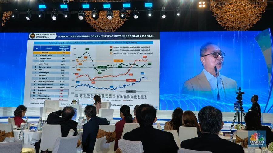 Paparan Menteri Koordinator bidang Pangan Zulkifli Hasan (Zulhas) dalam acara CNBC Indonesia Economic Outlook 2025 di Hotel Westin, Jakarta, Rabu (26/2/2025). (CNBC Indonesia/Damiana Cut Emeria)