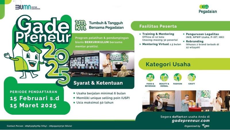 Pegadaian resmi membuka pendaftaran GadePreneur 2025 hingga 15 Maret 2025 secara online melalui website gadepreneur.com.
