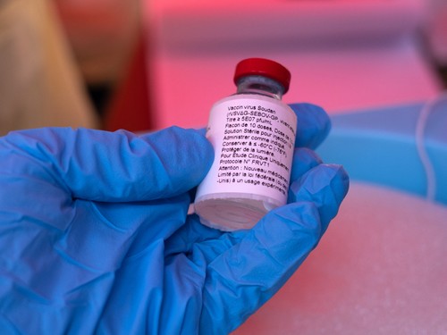 A nurse holds a vial of the Ebola Sudan vaccine during the launch of an Ebola trial vaccination campaign at Mulago Referral Hospital in Kampala on February 3, 2025. Uganda started an Ebola Sudan virus vaccination trial on February 3, 2024, four days