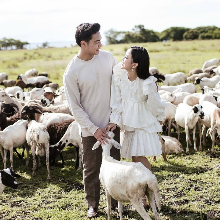 <p>Jane dan Erwin juga memilih konsep yang unik nih, Bunda. Mereka terlihat berpose di sebuah padang rumput dan dikelilingi banyak domba. (Foto: Instagram: @erwinphang)</p>