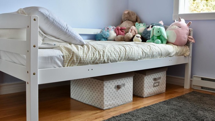Easy storage baskets for kid's toys under bed, with traditional bunk bed