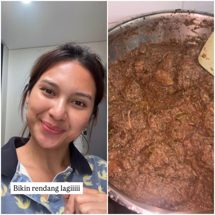 <p>Indah memasak rendang dua kali dengan cara memasak yang berbeda. Di percobaan kedua, Bunda satu anak ini memasak rendang dengan memasukkan bumbu di tengah proses memasak. "Bikin rendang lagi, ini aku cobain resep yang kalau kelapa parutnya disangrai masuknya setengah jadi. Jadi kalau kemarin itu aku masukin semua bumbu-bumbu dan dagingnya, nah yang kedua ini masukin kelapa sangrai di pertengahan jalan, kayaknya lebih enak gini deh, soalnya kuahnya beda jadinya, ini lebih wangi, lebih kental, tapi enggak tau deh, nanti kita coba pas buka puasa aja ya," ungkapnya. (Foto: Instagram @indahpermatas)</p>