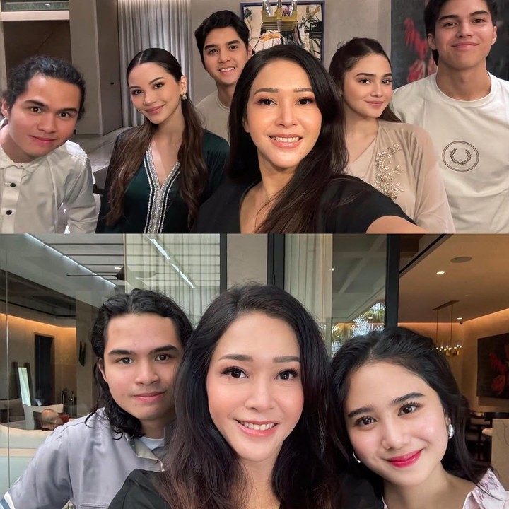 <p>Melalui unggahan di Instagram, Maia membagikan momen manis saat menghabiskan momen Lebaran bersama ketiga anaknya, Al Ghazali, El Rumi, dan Dul Jaelani. Ketiga anaknya tersebut juga memboyong kekasih mereka, yakni Alyssa Daguise, Syifa Hadju, dan Tissa Biani. (Foto: Instagram @maiaestiantyreal)</p>