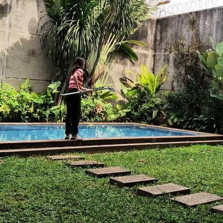 <p>Dalam video yang diunggahnya, Cinta terlihat membersihkan dedaunan dari kolam renang rumahnya. Aktris keturunan Jerman ini menggunakan alat penggaruk kolam yang cukup berat untuk membersihkan kolam renang di rumahnya. "Aku waktu mbak pulang kampung," tulisnya. (Foto: Instagram @claurakiehl)</p>