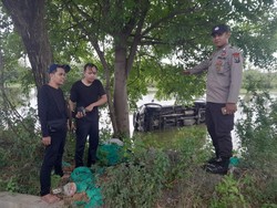 Xenia Terpepet Truk Hilang Kendali Lalu Tercebur Tambak di Gresik
