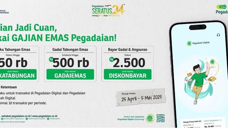 Pegadaian melalui Bank Emas menghadirkan beragam promo Gajian Emas pada aplikasi Pegadaian Digital mulai 25 April-5 Mei 2025.