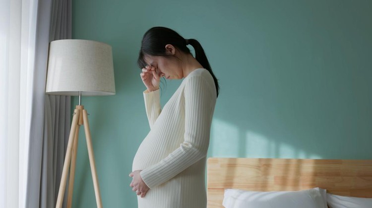 ibu hamil lelah pregnant woman feel depression standing in bedroom