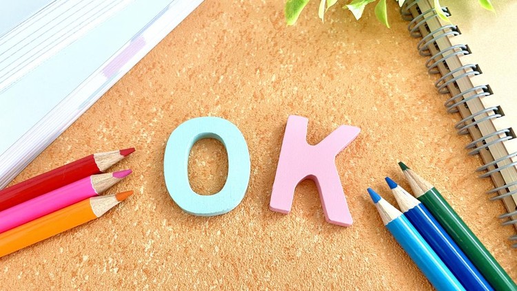 OK text and colored pencils OK image
