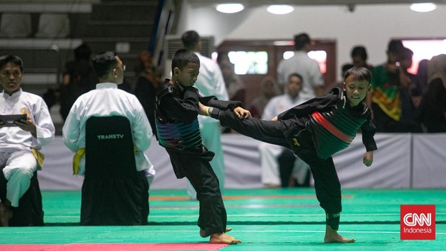Kejuaraan Pencak Silat CNN Indonesia Piala Menpora 2025 digelar dengan meriah di Padepokan Pencak Silat, Taman Mini Indonesia Indah (TMII), Jakarta, pada Minggu, 4 Mei 2025.  (CNN Indonesia/Adi Maulana Ibrahim)