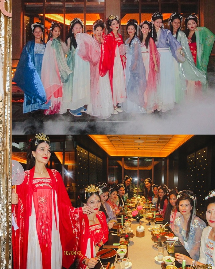 Mereka menikmati makan malam dengan kompak mengenakan busana tradisional Tiongkok. Luna Maya terlihat stunning dengan hanfu warna merah menyala./Foto: instagram.com/lunamaya