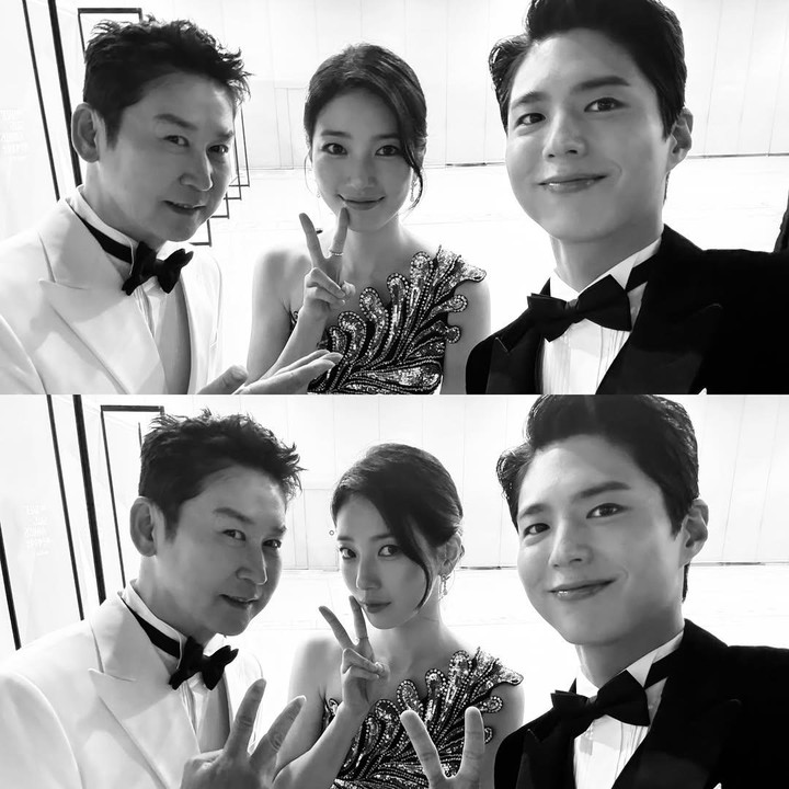 <p>Para pembawa acara Baeksang Arts Awards ke-61 juga tak ketinggalan berfoto di belakang panggung. Tampak Park Bo Gum selfie dengan Bae Suzy dan Shin Dong Yeop. (Foto: Instagram @bogummy)</p>