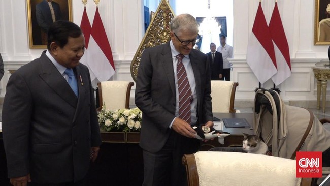 Bill Gates Kasih Boneka Paus ke Kucing Prabowo Bobby Kertanegara Bill Gates memberikan boneka paus kepada kucing Prabowo, Bobby, saat kunjungan di Istana Kepresidenan.
