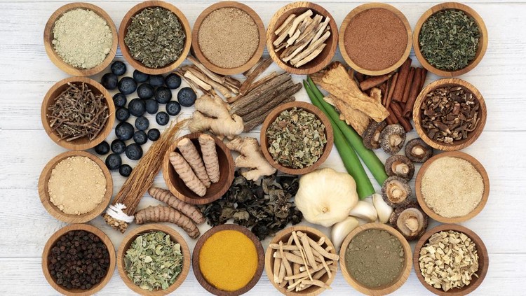 Ilustrasi bumbu dapur Adaptogen health food with herbs, spices, fruit & supplement powders. Natural plant based foods that help the body deal with stress & promote or restore normal physiological functions. On rustic wood.