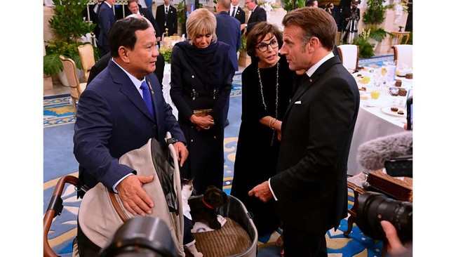 Presiden Prabowo Subianto terlihat memboyong kucingnya, Bobby Kartanegara, bertemu Presiden Prancis Emmanuel Macron dan istri, Brigette Macron, di Istana Negara