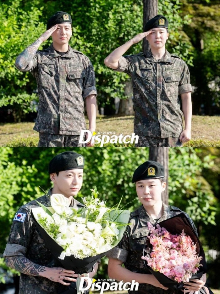 Keduanya terlihat menyapa publik dengan seragam khas militer sambil membawa buket bunga masing-masing, Beauties./ Foto: instagram.com/koreadispatch