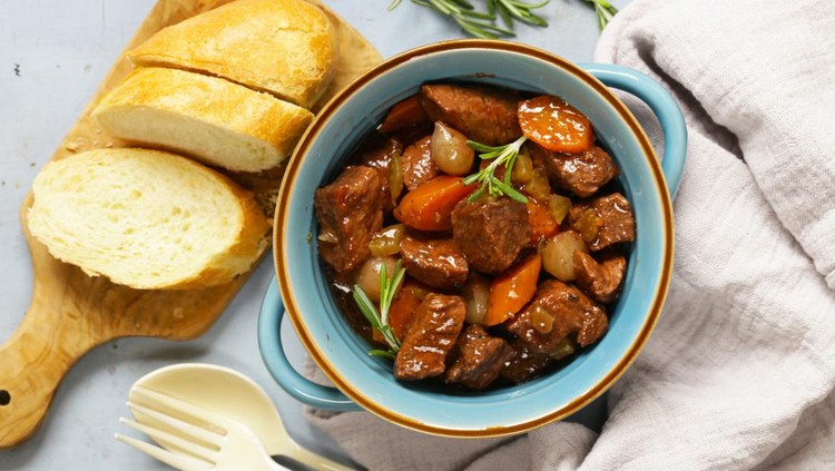 Traditional  beef goulash - Boeuf bourguigno. Comfort food. Stew meat with vegetables