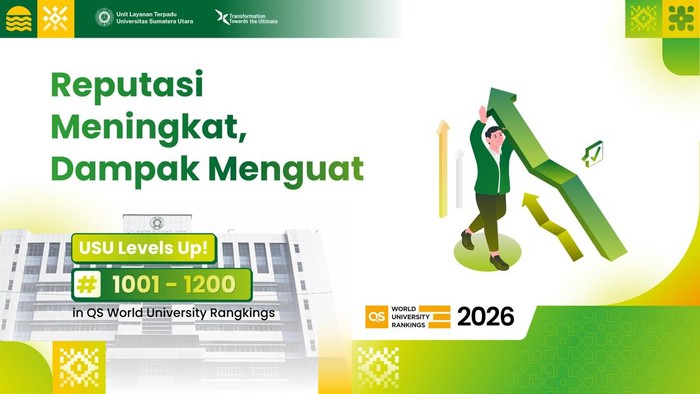 Pemeringkatan Terbaru QS World University Rankings (QS-WUR) 2026 Menunjukkan Bahwa USU Berhasil Naik 200 Peringkat, Dari Kelompok 1201+ ke 1001-1200 Dunia.