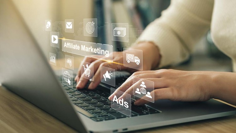 Ilustrasi affiliate marketing Affiliate marketing, online business model concept. Women use laptop with virtual screen of affiliate marketing icons and SEO functions. make money online for social media marketing. business strategy