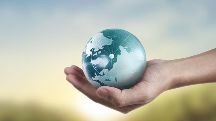 Ilustrasi bola dunia Globe ,earth in human hand, holding our planet glowing. Earth image provided by Nasa