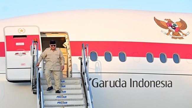 Presiden Prabowo Subianto tiba di Bandar Udara Galeão, Rio de Janeiro, Brasil, pada Sabtu (5/7) pukul 06.30 waktu setempat.