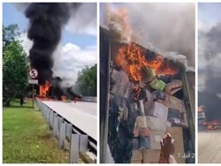 Truk Ekspedisi Terbakar di Jalan Tol Lampung, Api Diduga dari Paket