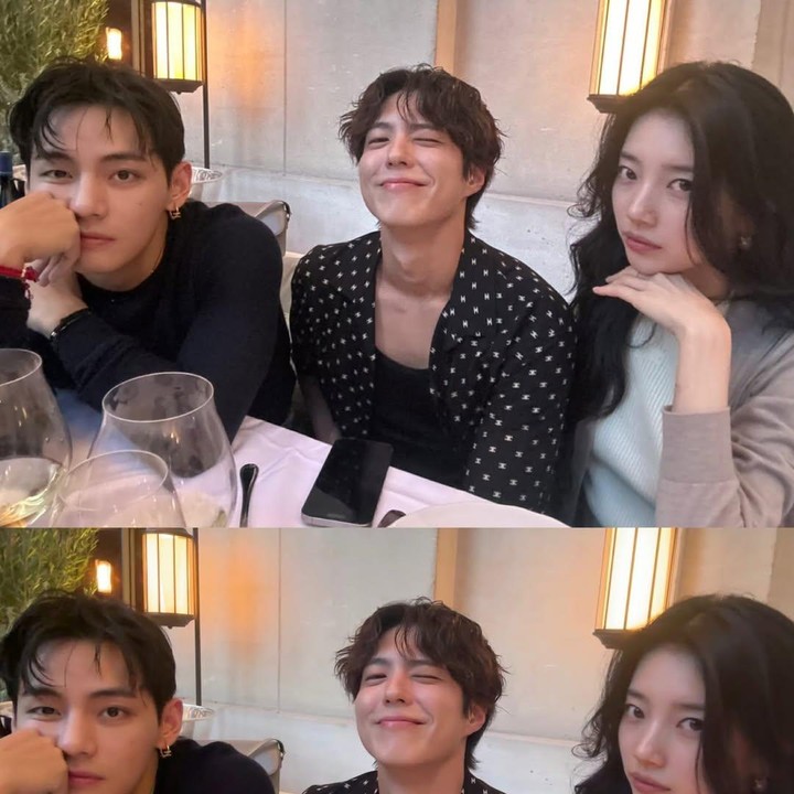 <p>Suzy tampil santai mengenakan baju berwarna putih yang dibalut cardigan cokelat. Sedangkan Bo Gum mengenakan busana hitam motif polkadot putih dan V menggunakan baju berwarna hitam. (Foto: Instagram@skuukzky)</p>