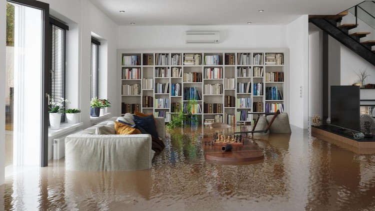 Ilustrasi banjir Flooded Living Room With Open Balcony Door And Damaged Furnitures Floating On Water