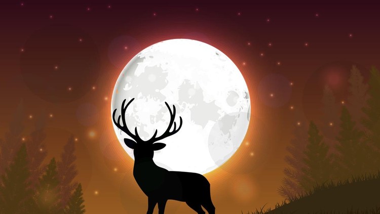 Illustration of Silhouette of a deer standing on a hill at night