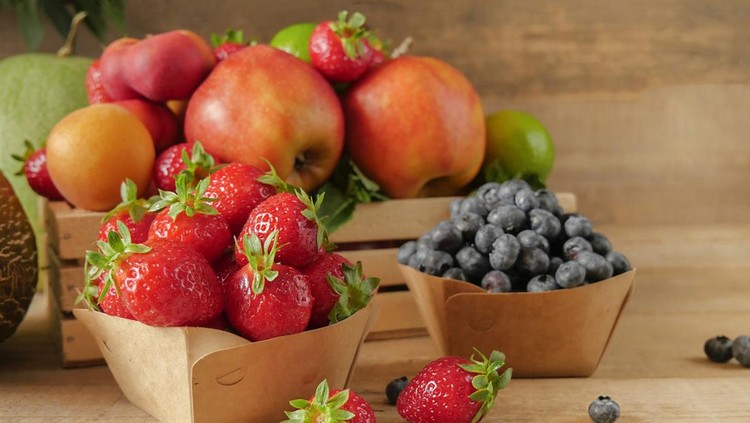 Ilustrasi buah-buahan Fresh fruits. Healthy food. Mixed fruit, apricots and peaches. Blueberry. various fruits on an old wooden table. Organic healthy assorted fruits. place for text