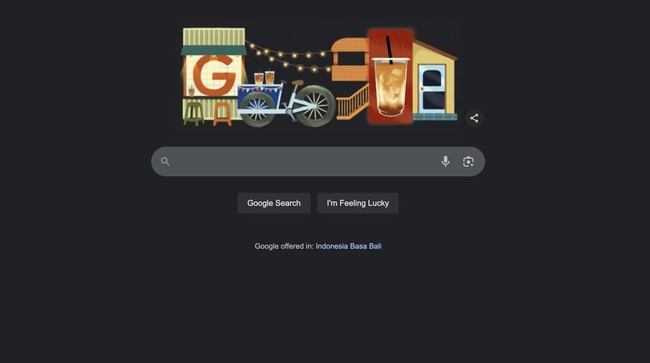 Google Doodle pada Selasa (15/7) menunjukkan gambar kedai kopi, gerobak penjual kopi susu keliling, dan satu cup kopi susu gula aren.