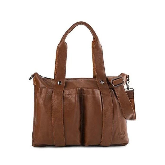 Distressed Leather Carryall Messenger Bag (Camel)