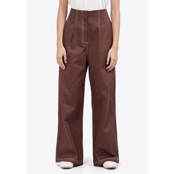 High Waist Contrast Stitch Pants Dark Brown