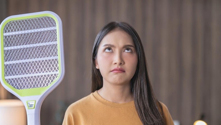 Young asian female woman using mosquito swatter to chasing annoy mosquito or fly bugs, electric net racket in living room near sitting sofa at home
