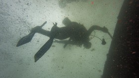 Seorang penyelam dari Indonesia Naval Historical Diver (INHD) Dinas Sejarah Angkatan Laut (Disjarahal) melakukan pembersihan saat survei bawah laut di area Kapal Angkatan Laut Amerika USS Houston yang karam di Perairan Selat Sunda, Cilegon, Banten, S