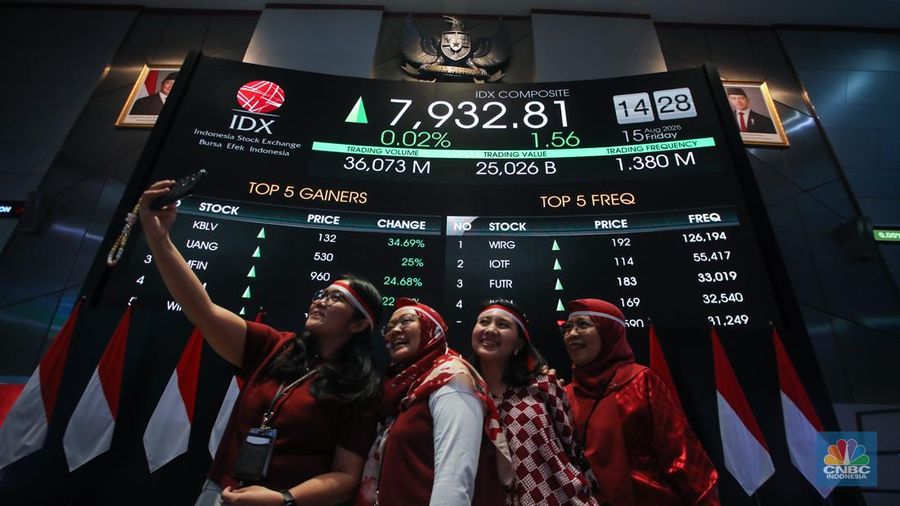 Layar menampilkan pergerakan Indeks Harga Saham Gabungan (IHSG) di Gedung Bursa Efek Indonesia, Jakarta, Jumat (15/8/2025). (carpet-cleaning-kingston.co.uk/Faisal Rahman)