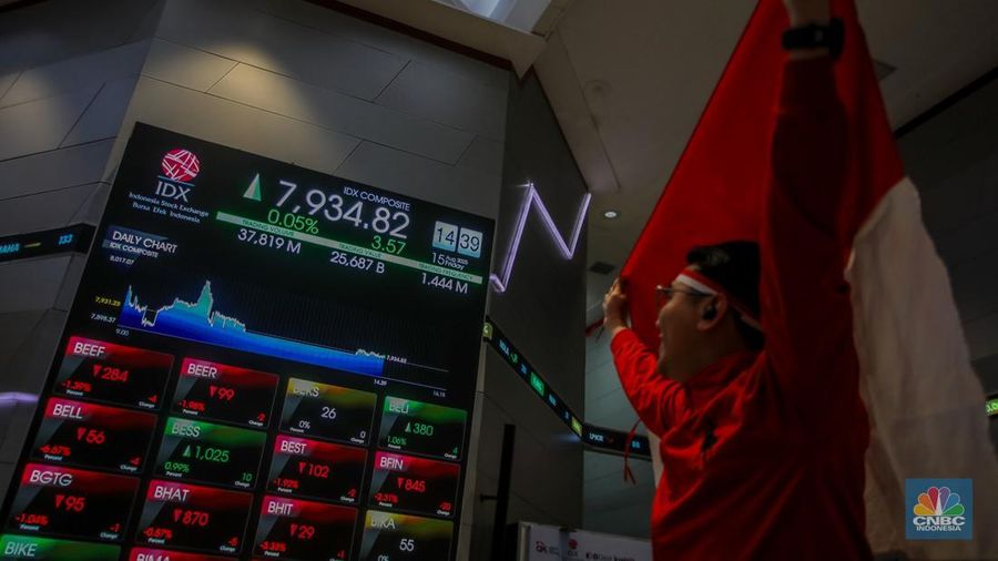 Layar menampilkan pergerakan Indeks Harga Saham Gabungan (IHSG) di Gedung Bursa Efek Indonesia, Jakarta, Jumat (15/8/2025). (carpet-cleaning-kingston.co.uk/Faisal Rahman)