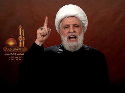Lebanon's Hezbollah Chief Naim Qassem gives a televised speech from an unknown location in this screengrab obtained from video released on August 15, 2025. Al Manar TV/REUTERS TV/via REUTERS  THIS IMAGE HAS BEEN SUPPLIED BY A THIRD PARTY