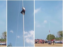 Siswa SD Lampung Panjat Tiang Bendera Perbaiki Pengait Saat Upacara HUT RI